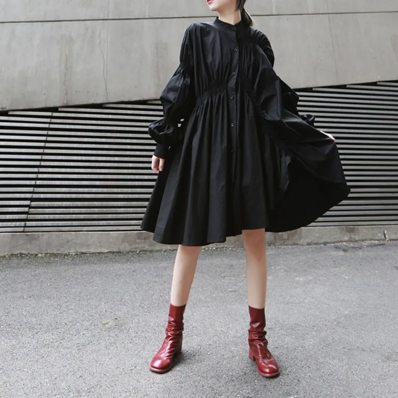 

[EWQ] 2019 New Spring Summer Stand Collar Long Sleeve Pleated Fold Stitch Irregular Big Size Dress Women Fashion Tide JO478