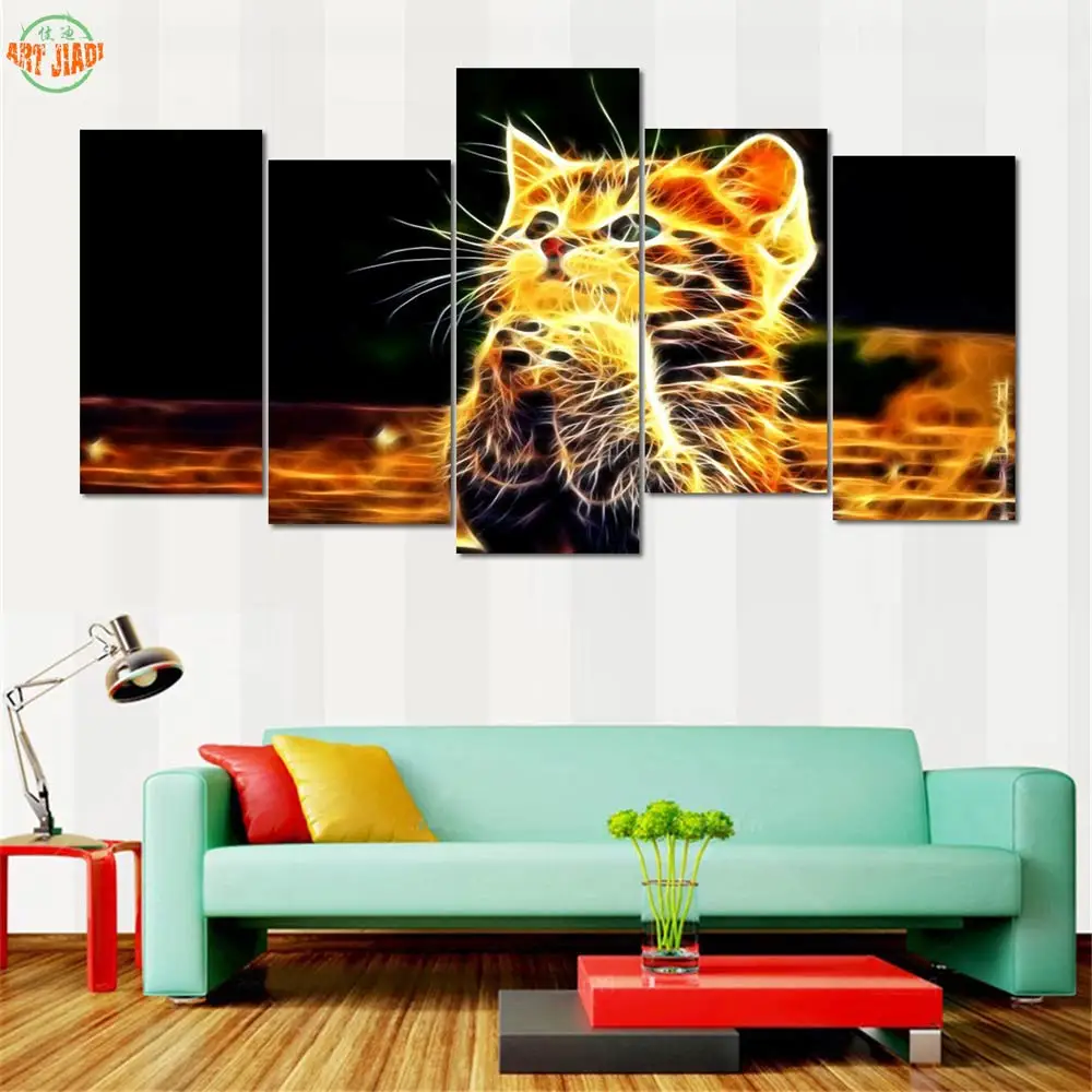 NEW 5 Piece Canvas Art Golden Yellow Cat HD CANVAS PAINTING HD ...