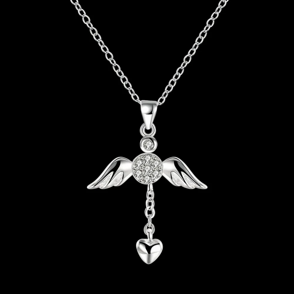 

N674 new beautiful design silver angel wings heart pendant necklace with Zircon Fashion Jewelry Valentine's Day gift