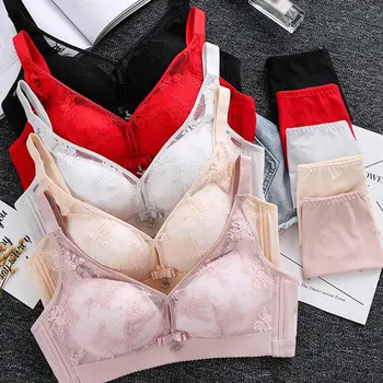 

French Retro Lace Embroidered Bra Without Rims Bow Diamond Bra+Solid Briefs gathered No Rim Underwear Sexy Line Ladies Underwear