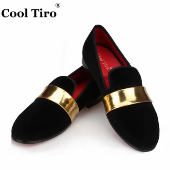 

COOL TIRO Handmade Men Velvet Loafers SmokingSlippers Wedding Party Men dress shoes men's flats with Gold Patent Leather Buckle