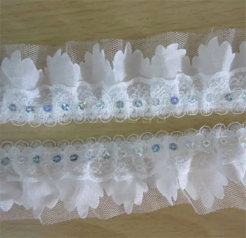 

5 yards 4-layer sequins Pleated Organza Fabric Lace Edge Trim Ribbon Handmade Wedding Dress Bridal Sewing Craft Decoration