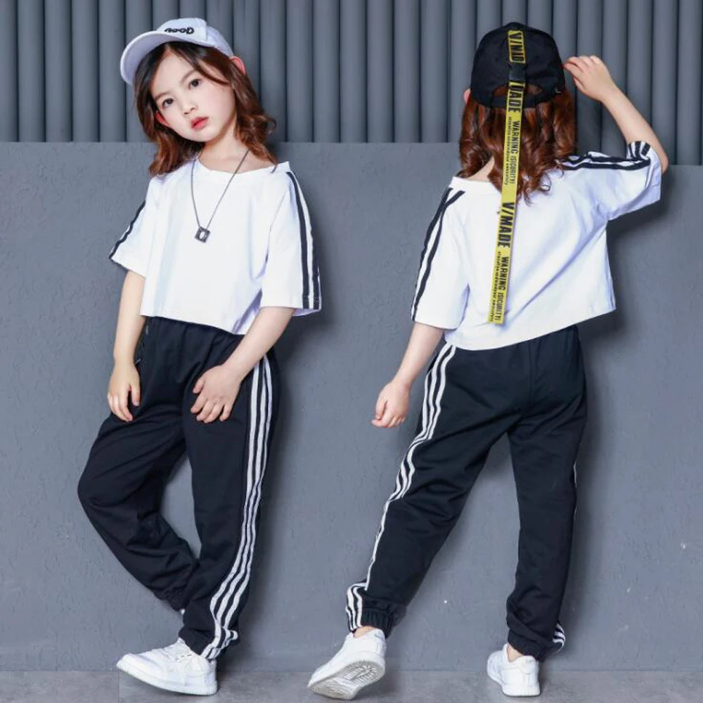 

Child Loose Ballroom Jazz Hip Hop Dance Competition Costumes Girls White T Shirt Pants Stage wear Party Dancing Outfits Suits