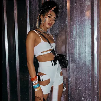 

Summer Women Sexy Hollow Out Two Pieces Sets 2 Piece Set High Waist Adjustable Belt Shorts Strapless Sexy Crop Tops
