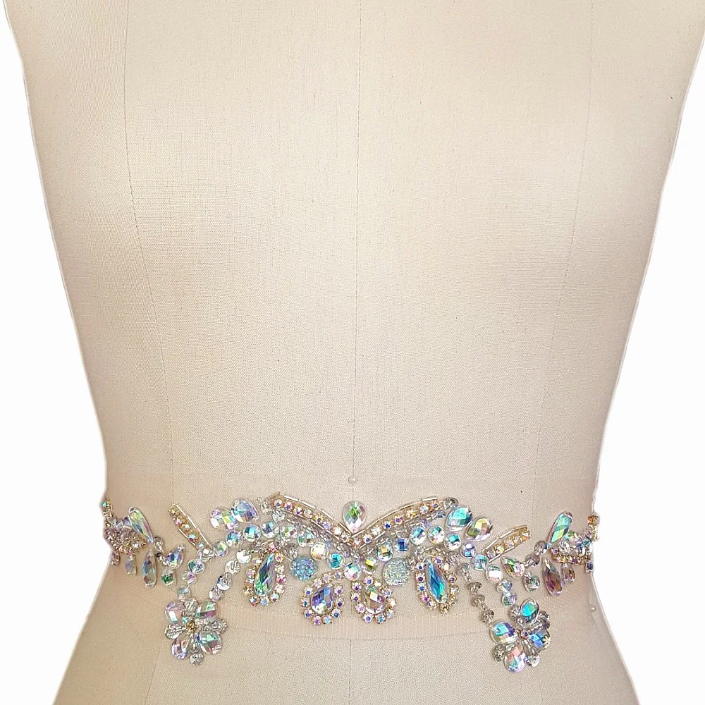 Pаспродажа Яркий 7x30 см бисером пришить AB Стразы аппликации Нашивки для вечернее платье для свадьбы выпускного вечера, украшения талии поясом