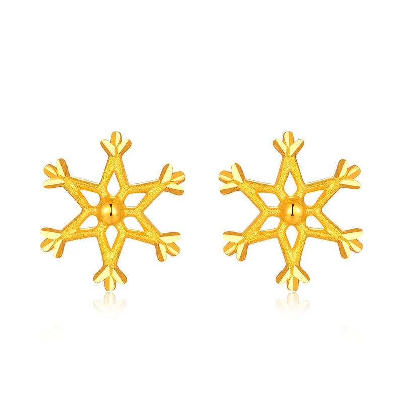 

Pure 24K Yellow Gold Earrings Women 999 Gold Snowflake Stud Earrings 1.43g