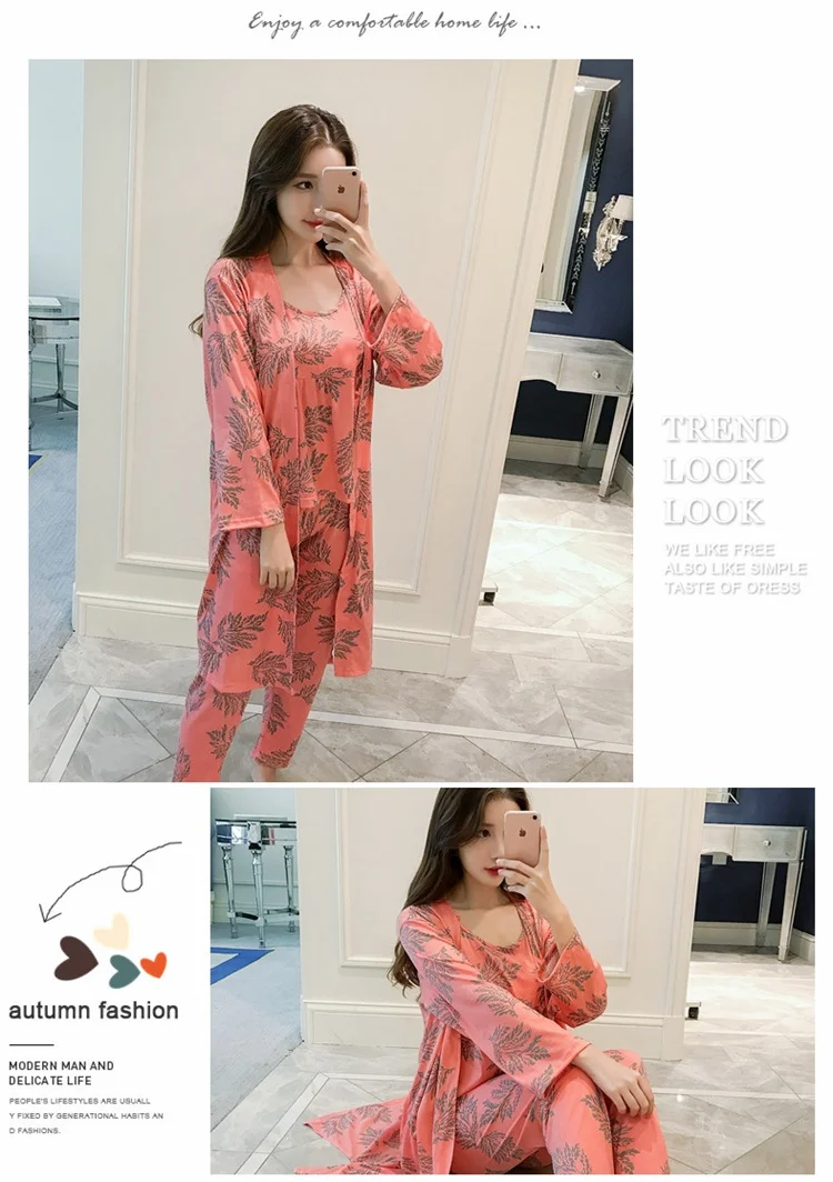cute pajamas for women 2021 Autumn 3PCS Sexy Long Sleeve Robes Pajama Sets for Women Print Sleepwear Homewear Pijama Mujer Home Clothes Three Piece Set cute pjs