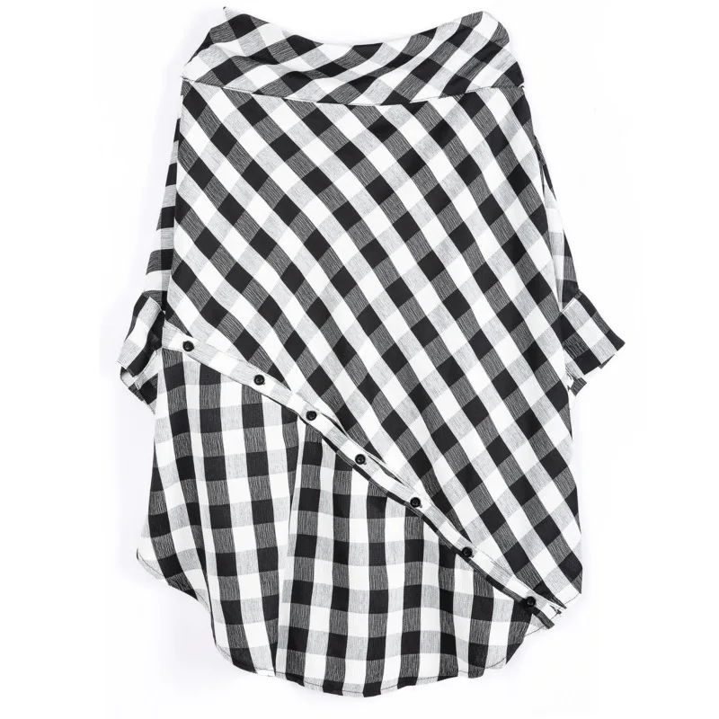 LANMREM Летняя женская новая рубашка с воротником, свободная рубашка большого размера, необычная блузка с коротким рукавом, топы YG672 - Цвет: lattice