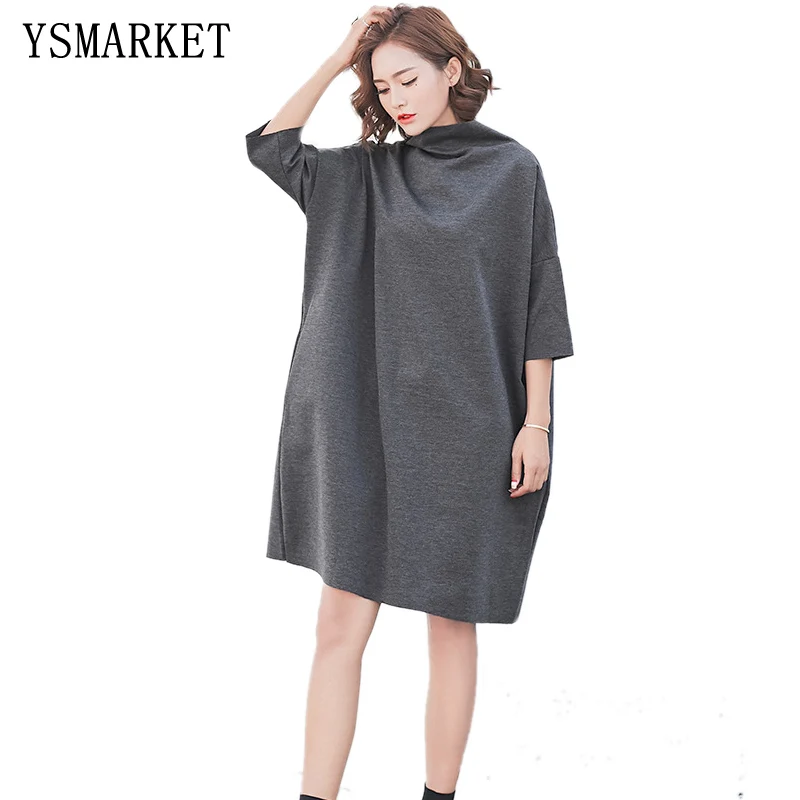 YSMARKET New Fashion Korean Autumn Dress Solid Color Batwing Sleeve Semi-high Collar Loose Large Size Casual Dress Women
