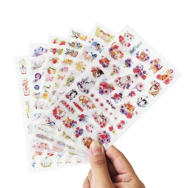 

6Sheet/pack New Lovely Cat And Flower Stickers For Diary Scrapbook Book Decoration DIY Personalized Photo Album Cartoon Stickers