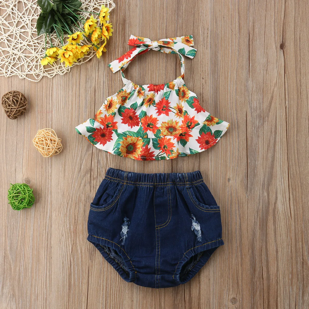 Новорожденный малыш для маленьких девочек с цветочным рисунком топы с открытыми плечами джинсовые шорты Летняя