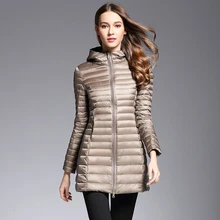 AKITSUMA Panjang Bawah Jaket Wanita Musim Dingin Turun Mantel Cahaya Ultra Jaket Berlapis Berkerudung Mantel