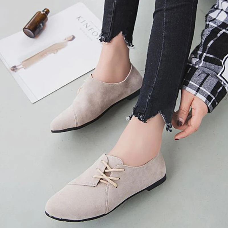 

New Design Solid Walking Shoes Sports Women Flat Shoes Solid Color Nubuck Leather Lace Up Round Toe