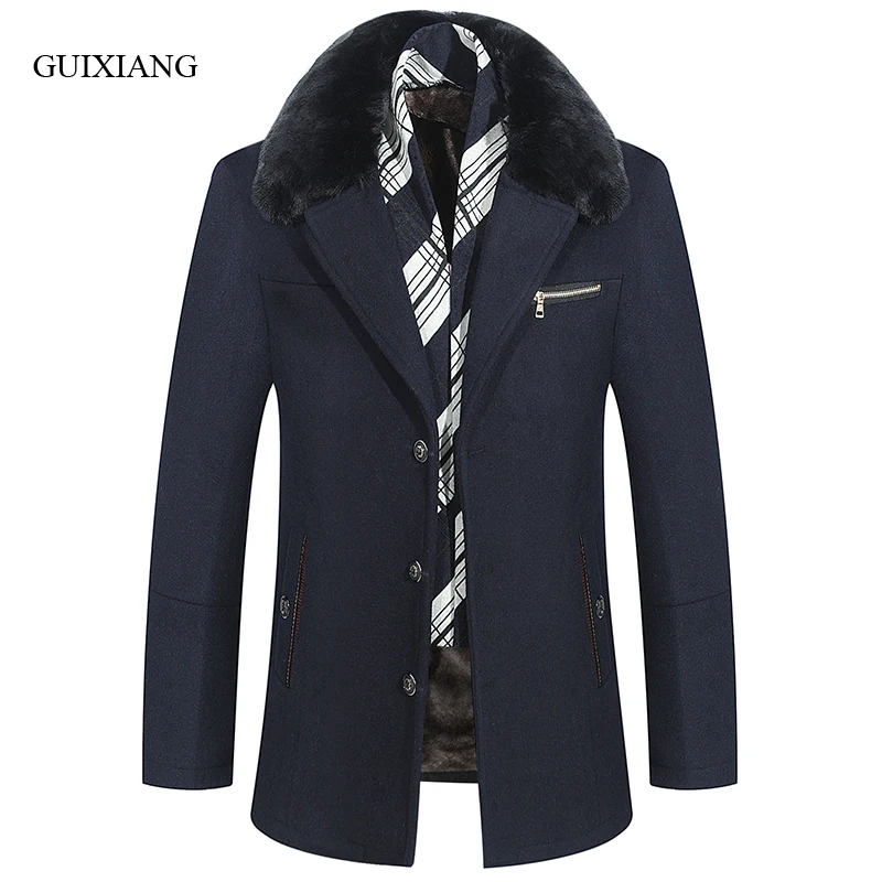 2017 New arrival style men boutique woolen overcoat business casual detachable hair collar men s solid