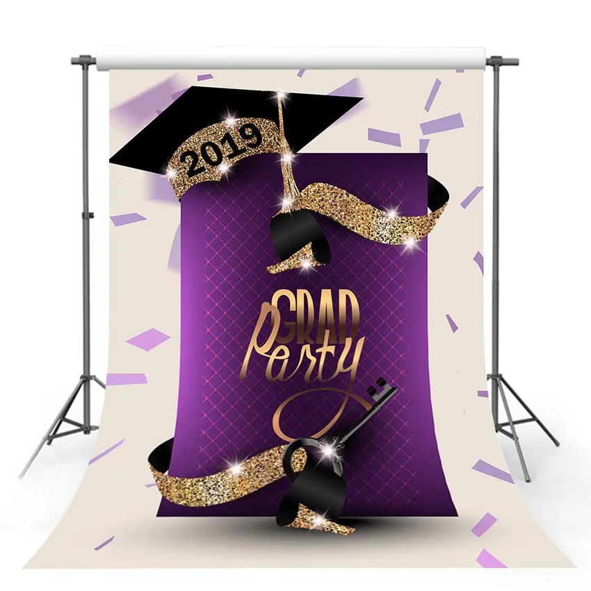 

Vinyl Photography Background Senior Prom Gold 2019 Grad Party Hat Customized Purple Photographic Backdrops for Photo Studio