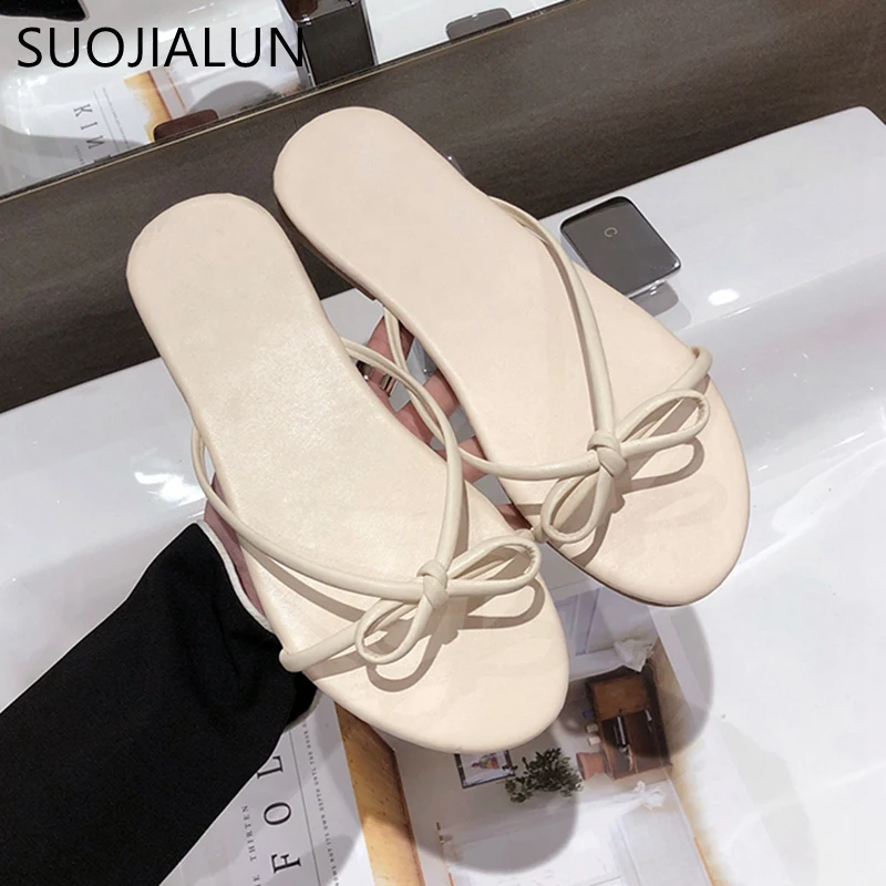 SUOJIALUN 2019 новые женские шлёпанцы с бантом летние пляжная обувь флип флоп на