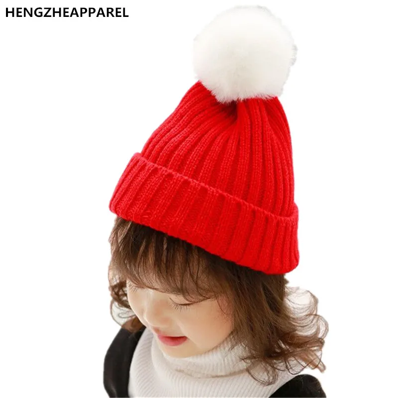 2017 new wool ball knit solid color children hats girls boys crochet beanies winter spring warm cap baby kids wear accessories