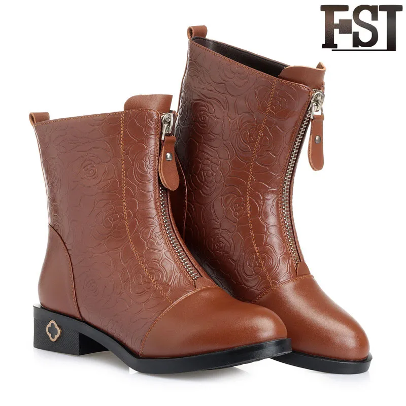 

FSJ Genuine Leather Women Ladies Shoes Cow Leather Ankle Motorcycle Plush Solid Boots Spring/Autumn Winter Sewing Casual