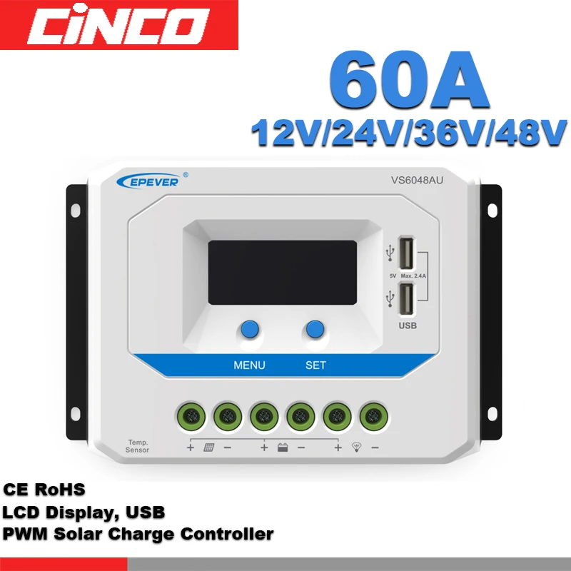VS6048AU 60A 12 V/24 V/36 V/48 V ШИМ Контроллер заряда на солнечной батарее Двойной выход USB 5VDC