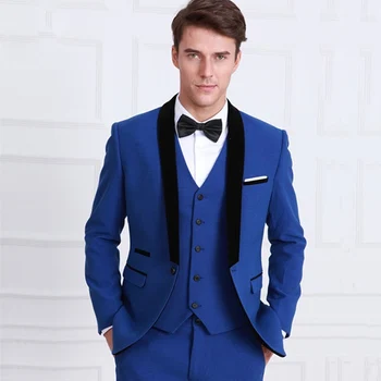 

Royal Blue Wedding Tuxedos for Groom Men with Black Shawl Lapel 3 Piece Men Suits Set Jacket Pants Vest New Fashion