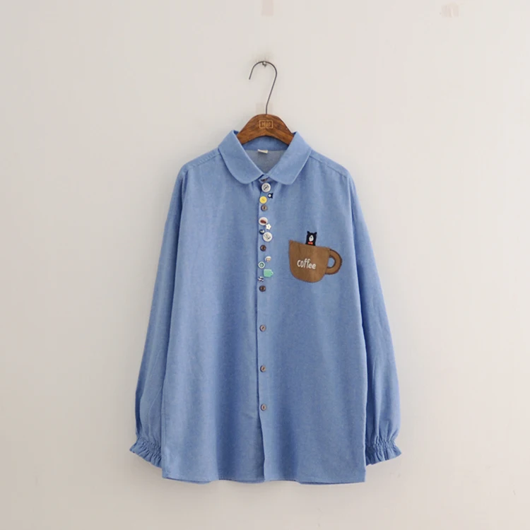 Colorful buttons peter pan collar long  sleeve Brushed cotton shirt blouse mori girl  autumn