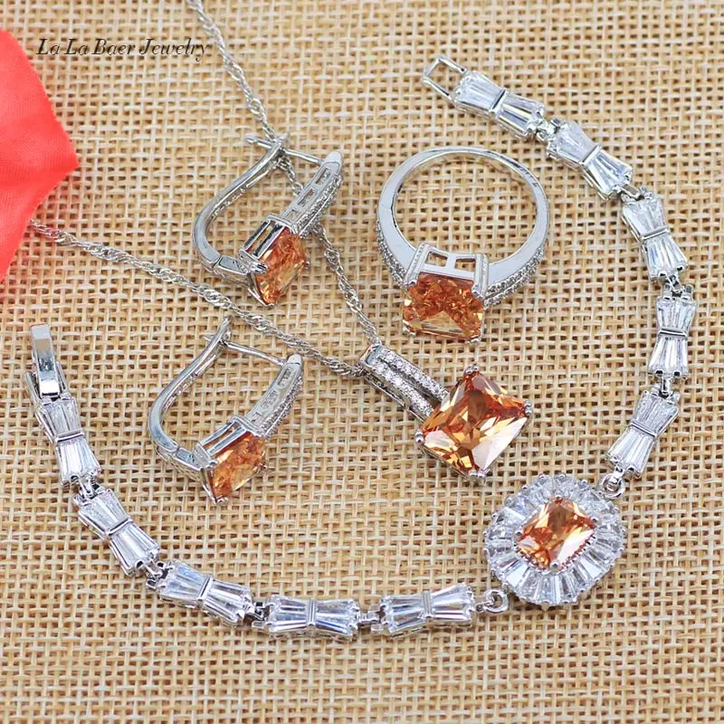 L&B West Simple Style Yellow Orange Stone 925 Silver Color Jewelry Sets
