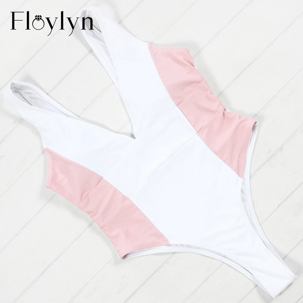 Слитный купальник Floylyn Новое поступление белый розовый с принтом боди пэчворк