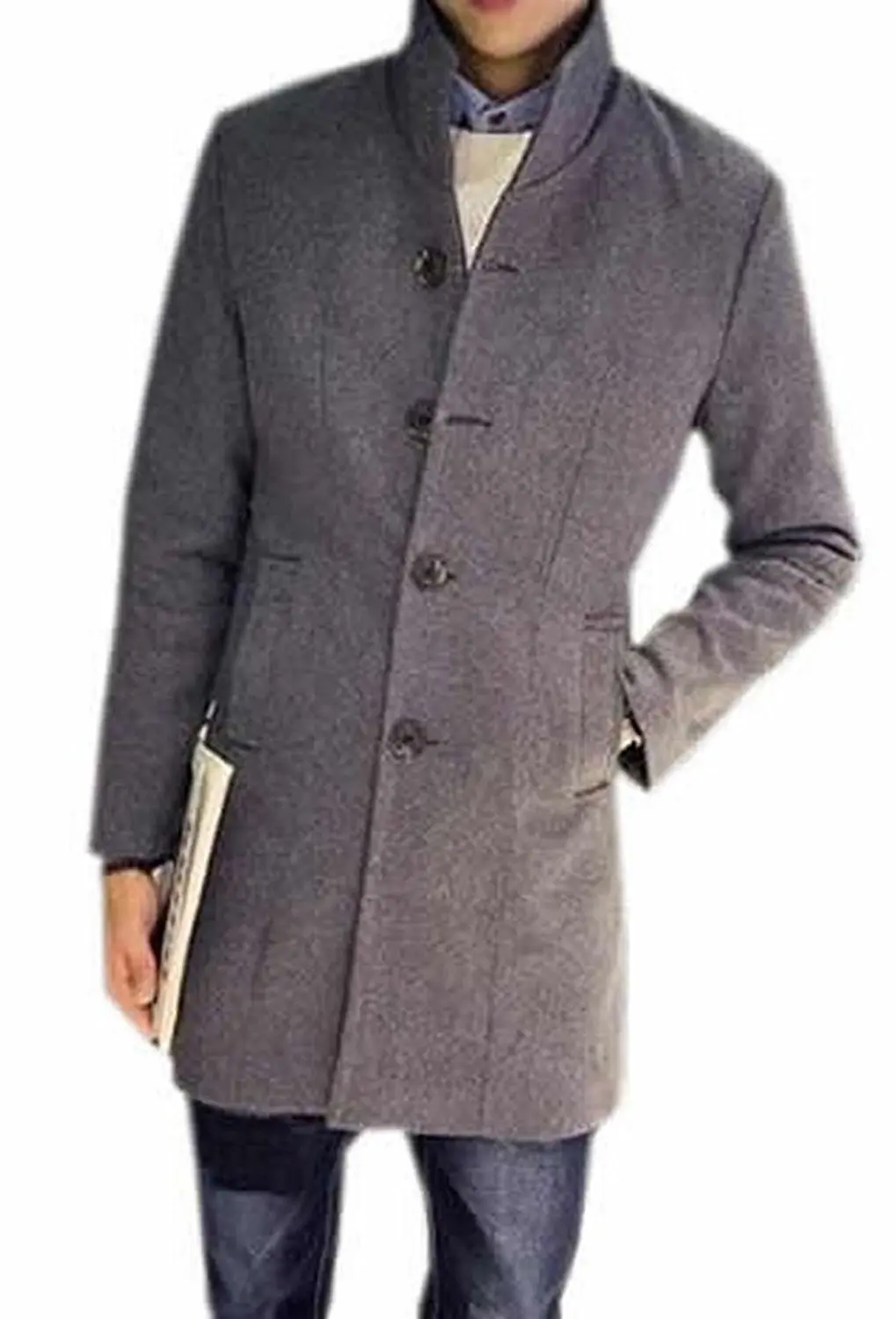 Generic Men's' Fashion Single Breasted Long Stand Color Peacoat-in Wool & Blends from Men's 