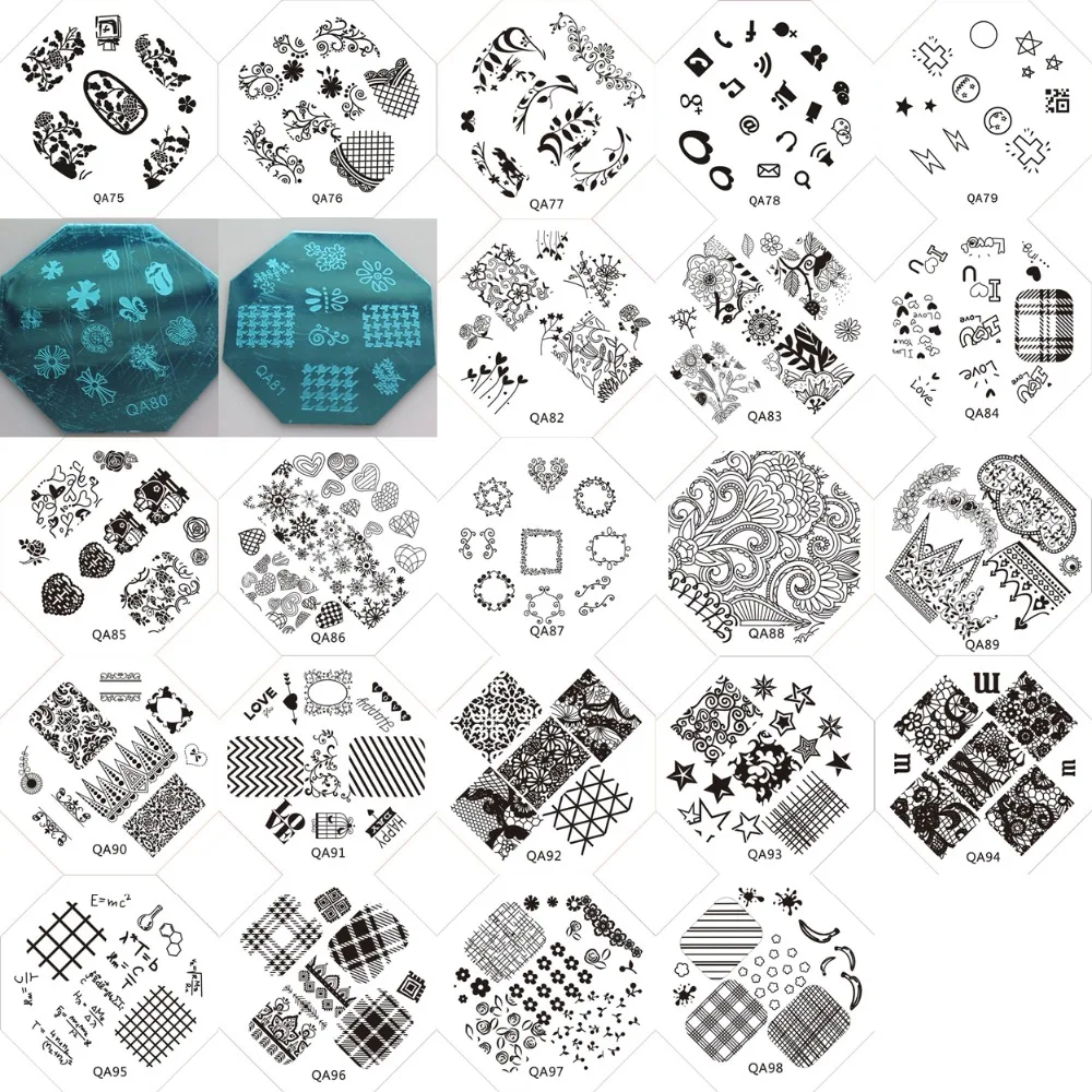 

1PC QA75-98 Octagonal Shape Blue Film Nail Art Stamping Image Plate Stainless Stamping Plate Music Sign Cross Heart Star