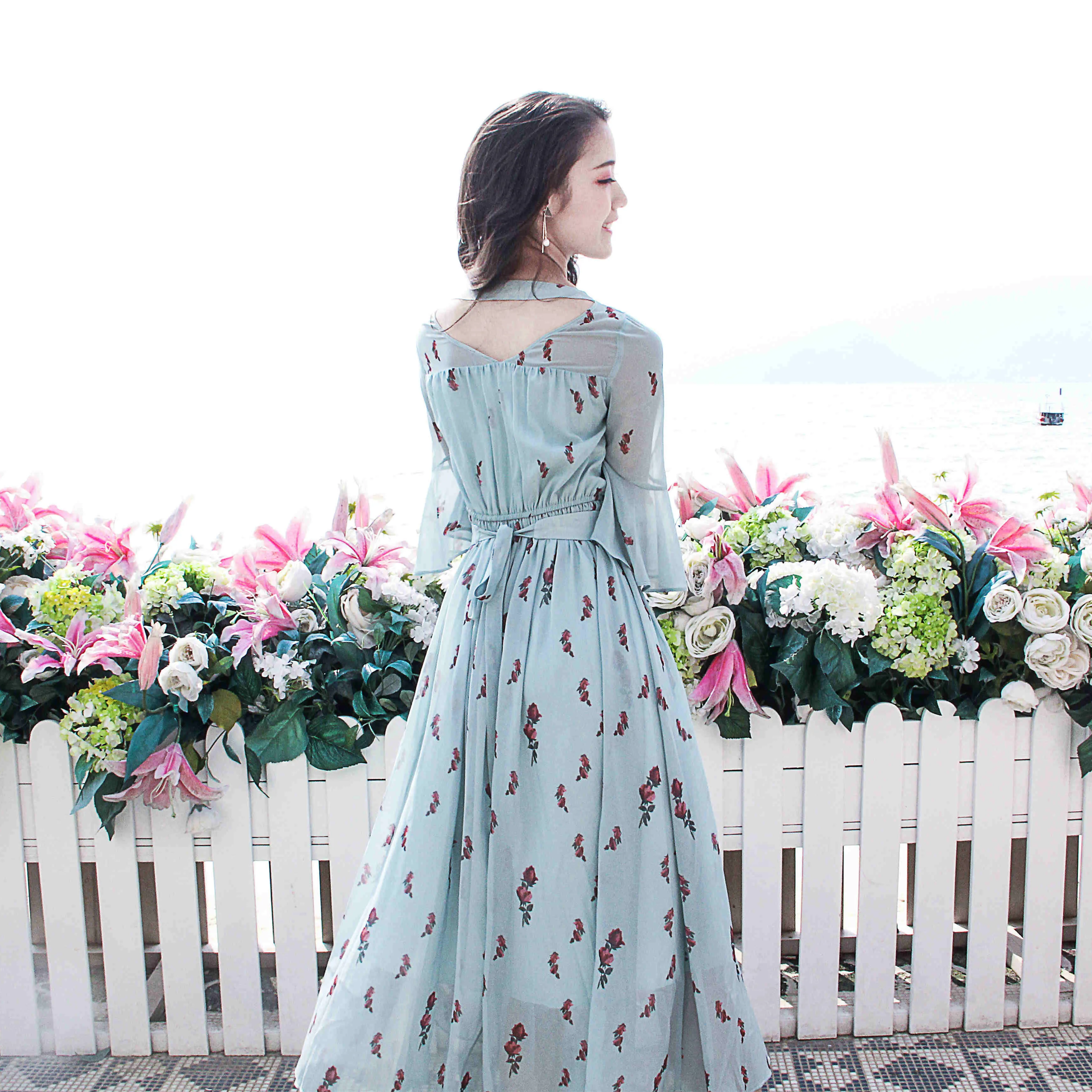 2022 spring new women dress  korean  vintage  chiffon floral 