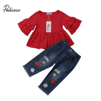 

Fashion Summer Casual Clothes Sets 1-6Y Toddler Baby Girls Petal Sleeve Red T-Shirts Tops Floral Print Blue Hole Pants
