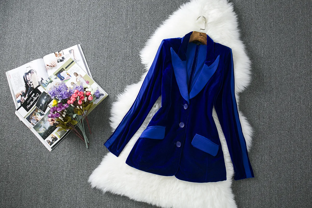 2019 autumn winter original single European American women brand velvet gun collar repair women jacket women fashion blue suit