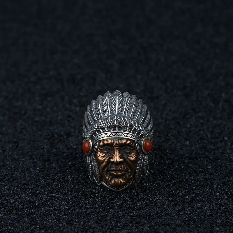 

Genuine Solid 925 Silver Rings Cool Indian Figure Head Sculpture Vintage Large Rings Fine Jewellery For Men Adjustable