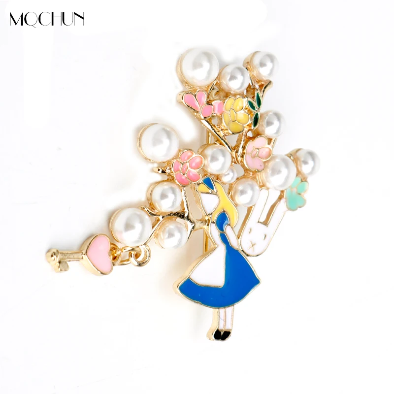 

MQCHUN Colorful Girl Rabbit Flower Heart Key Brooch Pin Button Badge Jeans Bag Alice Wonderland Jewelry Women Christmas Gift