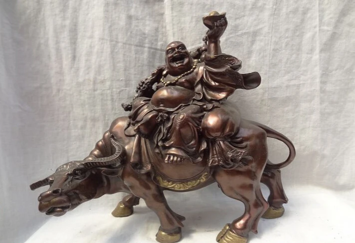 

USPS to USA S1631 14" China Bronze Gilt YuanBao Happy Laughing Maitreya Buddha Ride Bull Ox Statue (B0328)