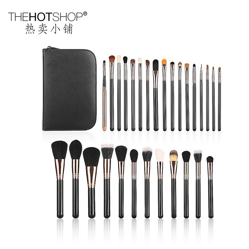 

29Pcs Rose Gold Profeesional High Quality Goat Hair Makeup Brush Sets With Large Black PU Zipper Bag Powder Cosmetics Brushes