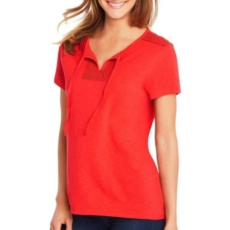 Hanes 617914358242 Womens Tie Front Henley with Crochet Trim - Red Spark Small (1)