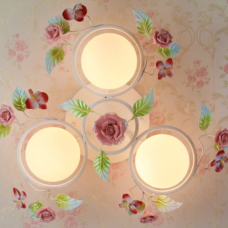 

European-style garden living room Romantic Restaurants white wrought iron pink ceramic flowers glass lampshade Ceiling Lamp c162