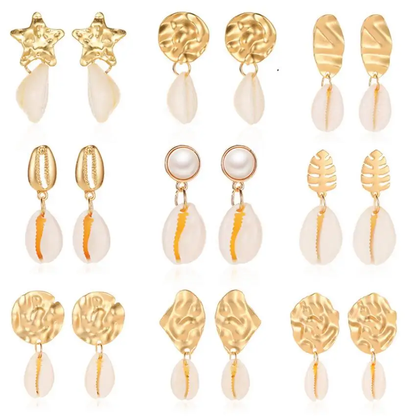 New Sea Shell Earrings For Women Gold Color Round Geometric Drop Dangle Pearl Summer Beach Ladies Fashion Jewelr | Украшения и