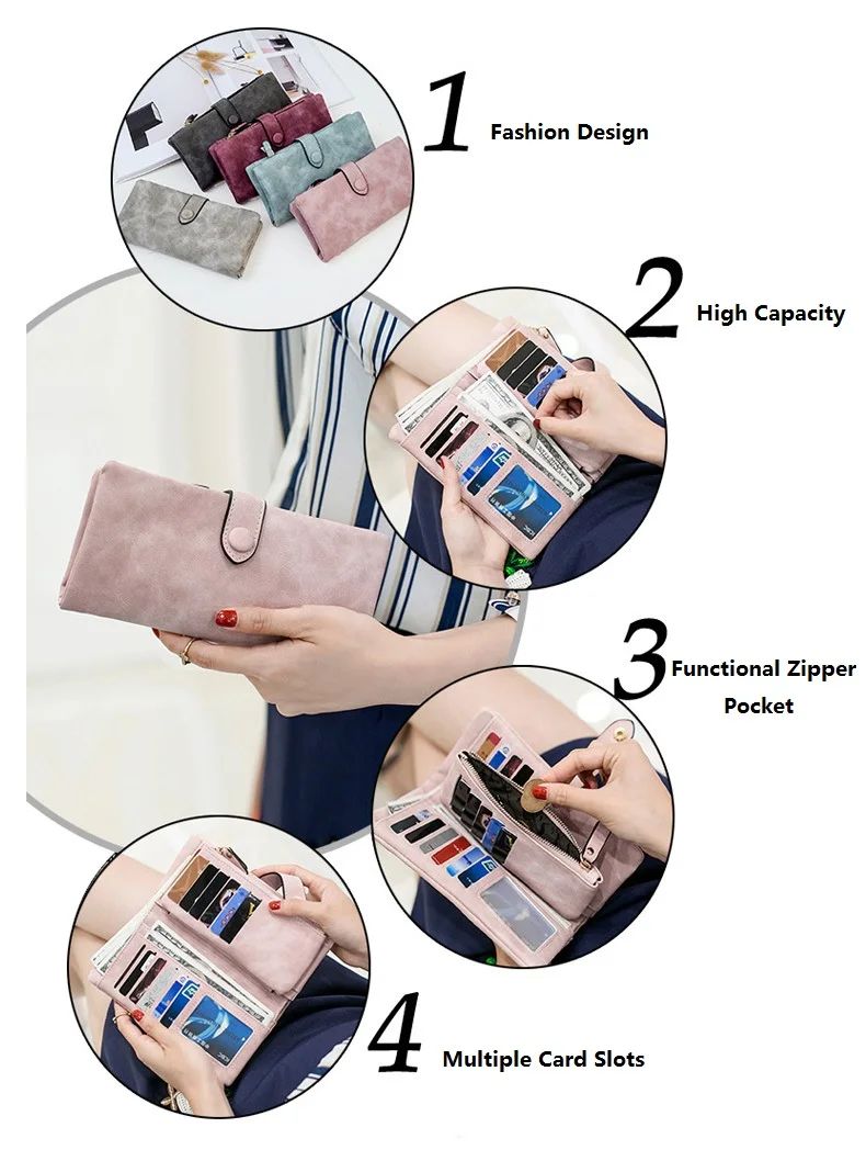 MJ Women Leather Wallets Matte PU Leather Long Wallet Lady's Brand Design Bi-Fold Clutch Purse Coin Pocket Multiple Card Holder (6)