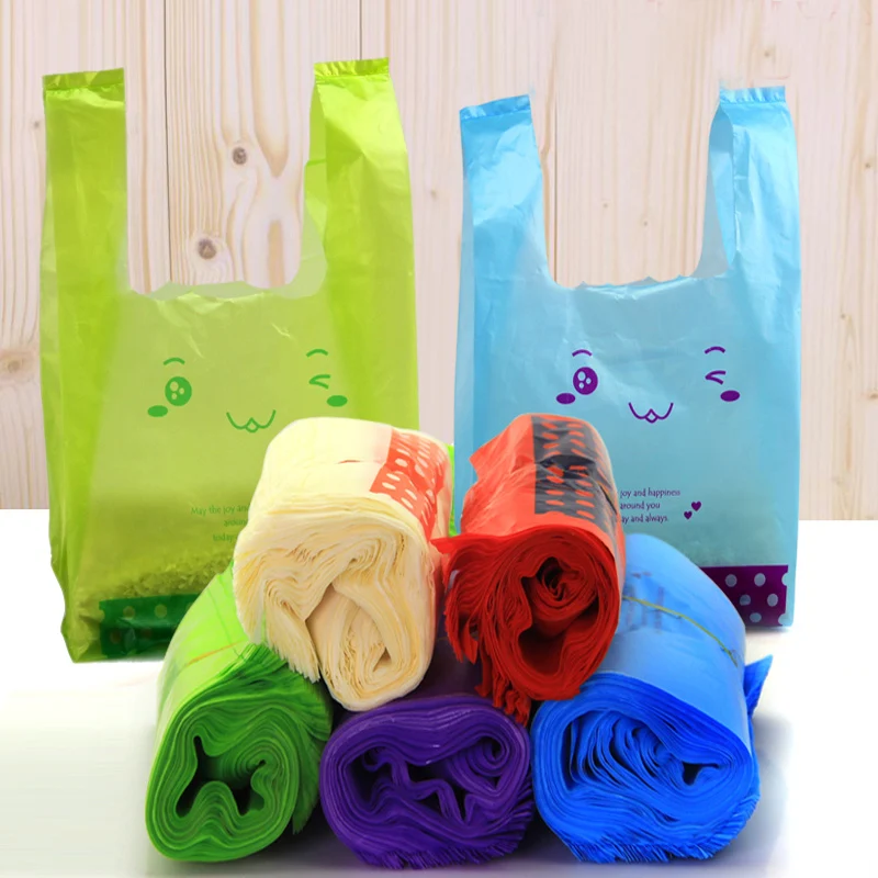 

100pcs/lot 40cm*58cm*50Micron High Quality 5 Kinds of Color Smiling Face Supermarket Shopping Vest Handle Bags