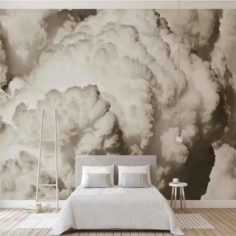 

Customized 3d wallpaper European-style hand-painted retro nostalgic white clouds background wall high-grade waterproof material