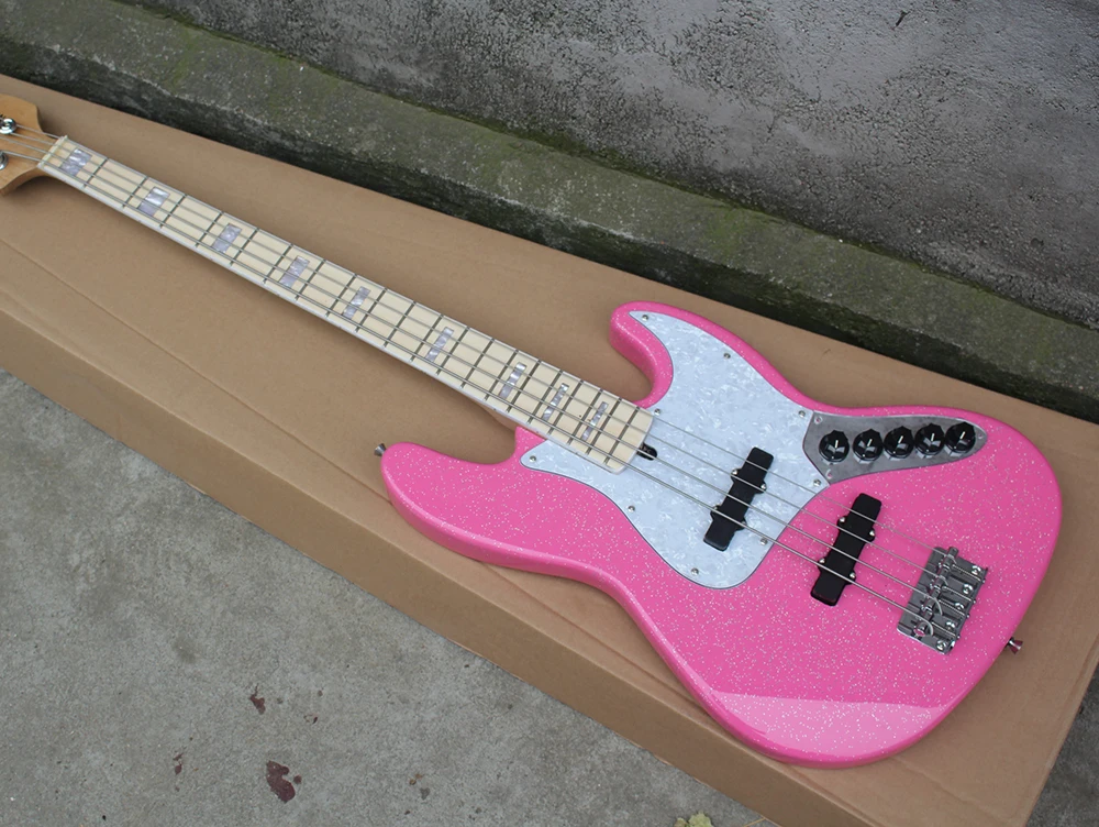 4 Strings Pink Electric Bass Guitar with White Pearl Pickguard,Active