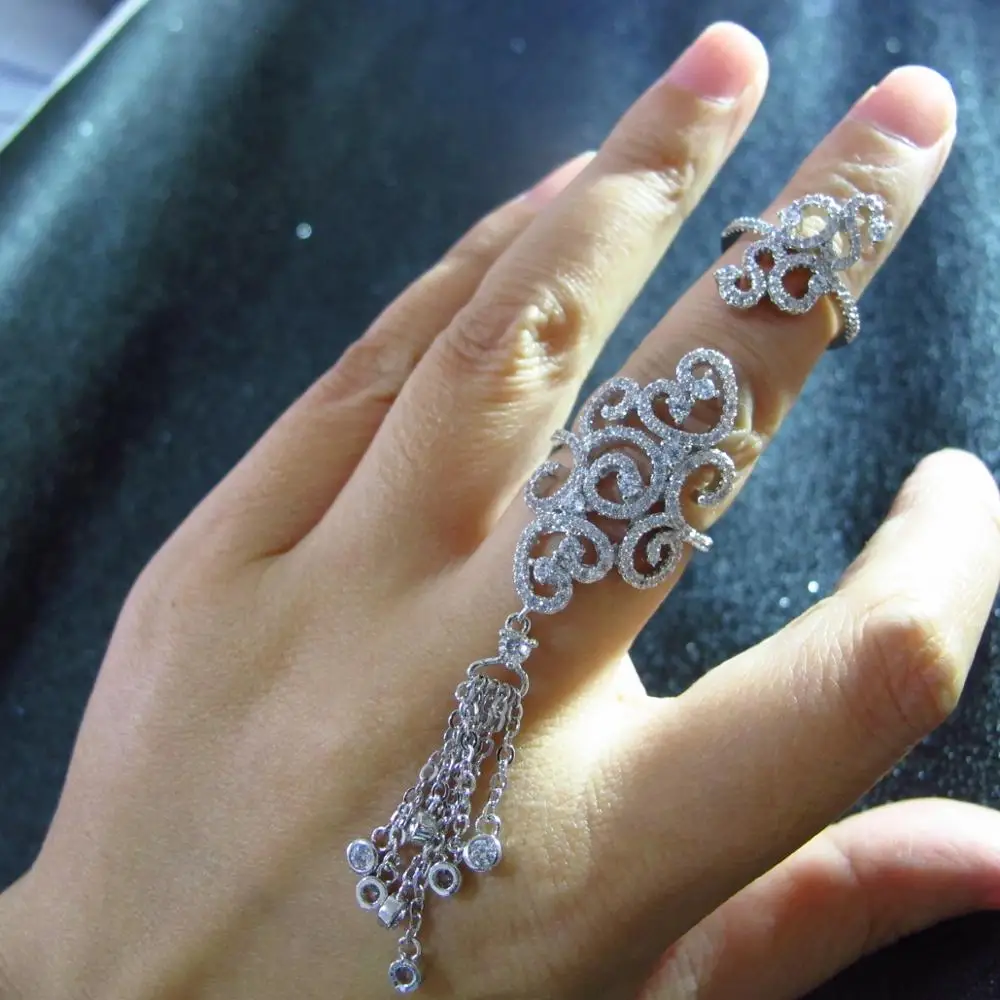 

2 piece combination Women's new zirconia Micro paved bague Long Tassel ring adjustable anel jewellery bohemian party jewelry