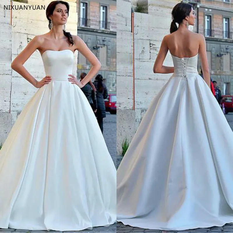 

2019 New Arrival Strapless A-Line Wedding Dress Ruched Satin Gowns Floor Length Bridal Dress Lace Up Vestidos De Noiva