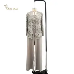 2019 новый реальное изображение Серый мать невесты платья с кружевом куртки штаны комплект из 3 предметов шифон Для женщин Длинные вечерние