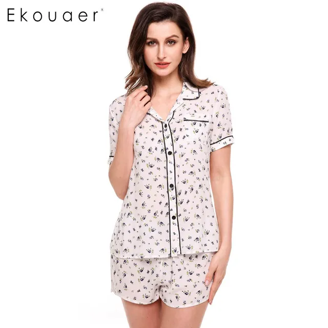 Ekouaer Print Flower Pajamas Set Womens Short Sleeve Casual Sleepwear