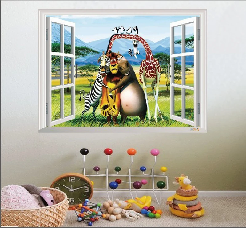 3D Window Scenery Jungle Wild Animals Giraffe Monkey Vinyl Removable