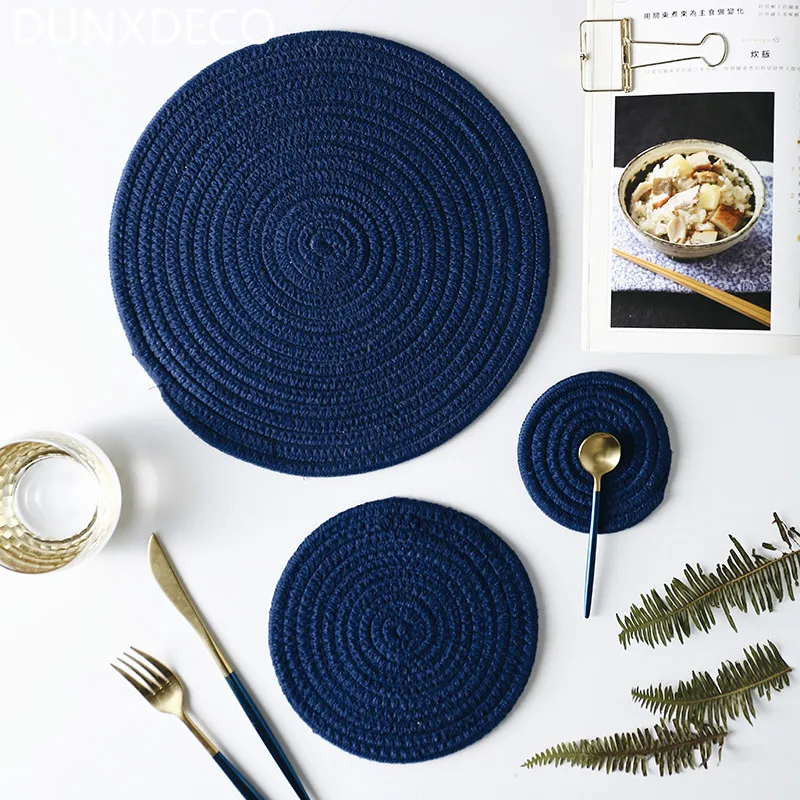 

DUNXDECO Table Placemat Pot Cup Mat Set Hot Insulation Round Cotton Thread Blue Pad Modern Mesa Dinner Desk Decoration 3 Pieces