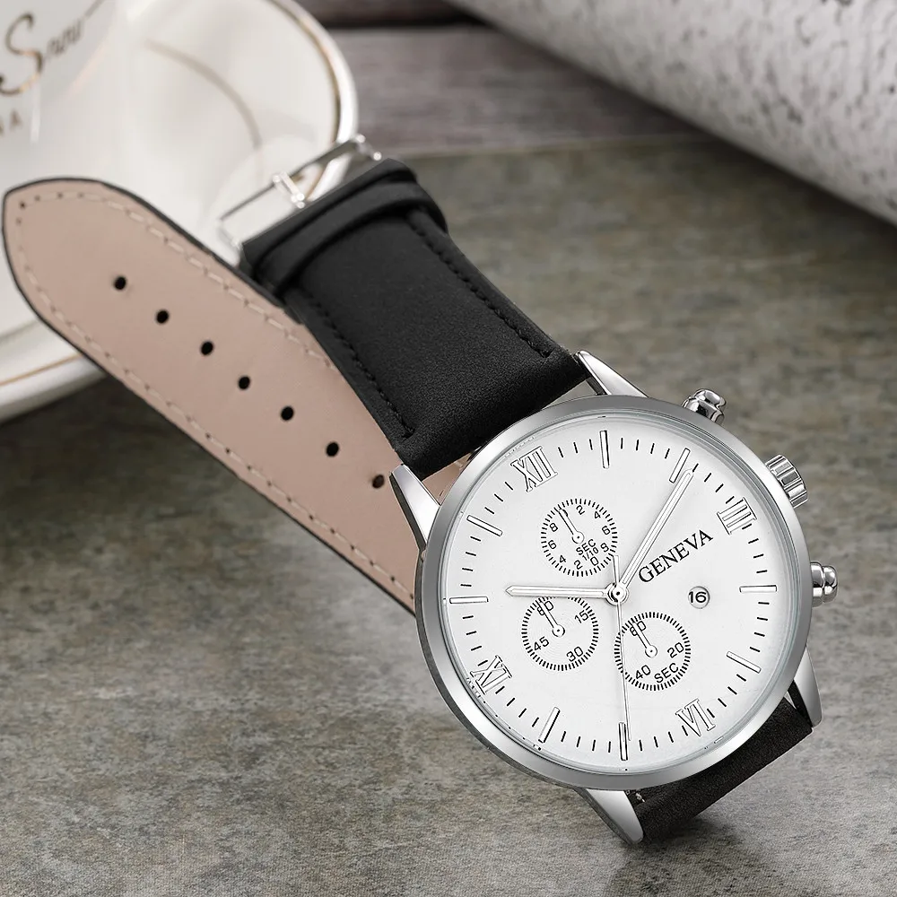 

New Fashion Geneva Watch Men Date Alloy Case Synthetic Leather Analog Quartz Sport Mens Watches Business Clock reloj hombre SA65